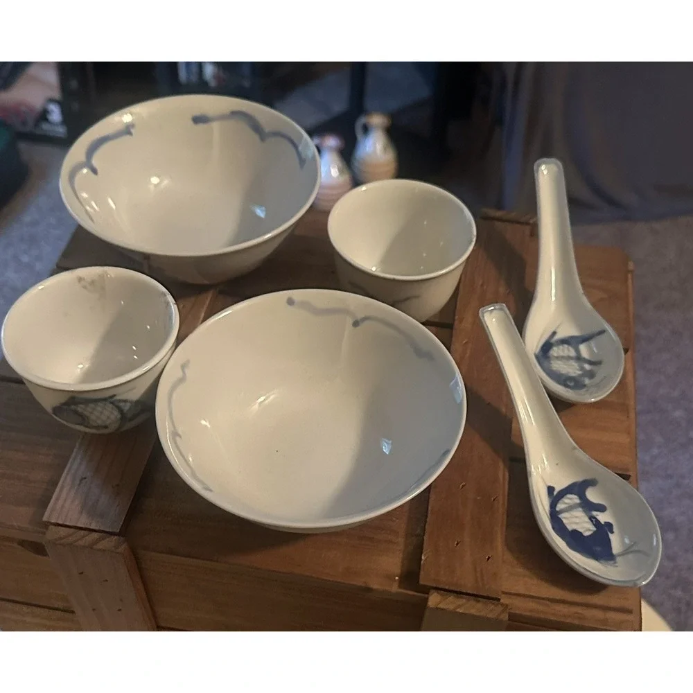 Asian Porcelain Hand Painted Fish Carp Bowl, Cup and Spoon Set Of Two